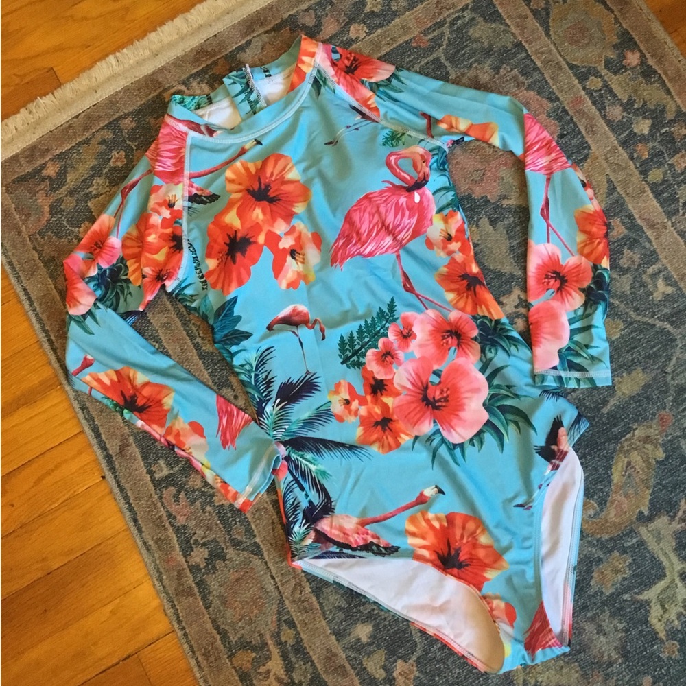 Long Sleeve One-Piece Swimsuit in Aqua with Flamingo Floral Print